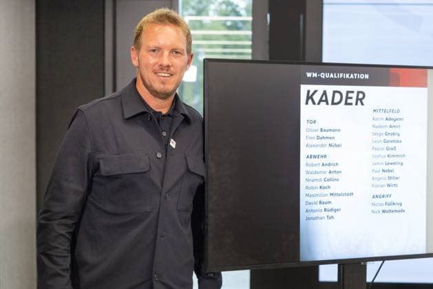 Pressekonferenz mit Bundestrainer Julian Nagelsmann Bundestrainer Julian Nagelsmann gibt den Kader für die beiden WM-Qualifikationsspiele in der Slowakei und gegen Nordirland bekannt. Pressekonferenz auf dem DFB-Campus in Frankfurt am Main am 27. August 2025., Frankfurt am Main Hessen Deutschland DFB-Campus *** Press conference with national coach Julian Nagelsmann National coach Julian Nagelsmann announces the squad for the two World Cup qualifiers in Slovakia and against Northern Ireland Press conference at the DFB Campus in Frankfurt am Main on August 27, 2025 , Frankfurt am Main Hessen Germany DFB Campus