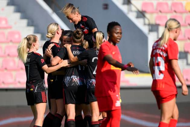 Sparta Praha players celebrate a goal during the second qualifying round of women s Champions League, semi-finals match Sparta Praha vs Nordsjaelland in Prague, Czech Republic, August 27, 2025. (CTKxPhoto MichalxKamaryt) CTKPhotoP2025082706258  CTKPhotoP2025082706258