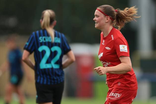 Milan, Italy, 27th August 2025. Signe Gaupset of SK Brann celebrates after scoring to give the side a 2-1 lead during the SK Brann vs FC Internazionale Women UEFA Womens Champions League match at Youth Development Centre, Milan. Picture credit should read: Jonathan Moscrop Sportimage EDITORIAL USE ONLY. No use with unauthorised audio, video, data, fixture lists, club league logos or live services. Online in-match use limited to 120 images, no video emulation. No use in betting, games or single club league player publications. SPI_003_JM_SKBRANN_INTER_UWCL SPI-4080-0003
