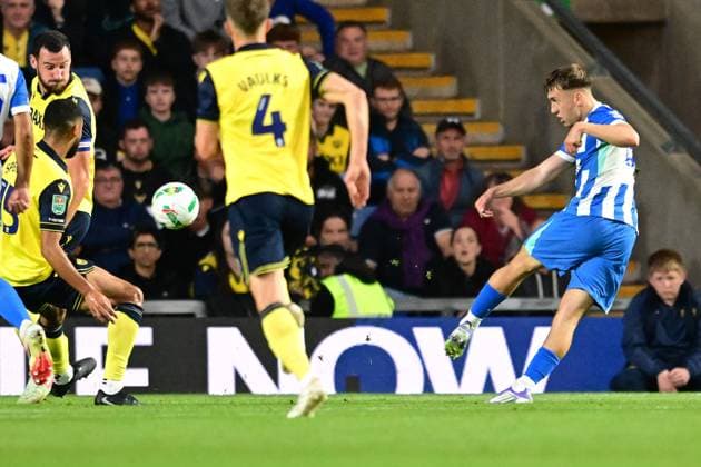 Oxford United v Brighton and Hove Albion EFL Cup 27 08 2025. GOAL Brighton and Hove Albion midfielder Brajan Gruda scores a goal from open play 0-2 during the EFL Cup match between Oxford United and Brighton and Hove Albion at the Kassam Stadium, Oxford, England on 27 August 2025. Oxford Kassam Stadium Oxfordshire England Editorial use only DataCo restrictions apply See www.football-dataco.com , Copyright: xDennisxGoodwinx PSI-22704-0012