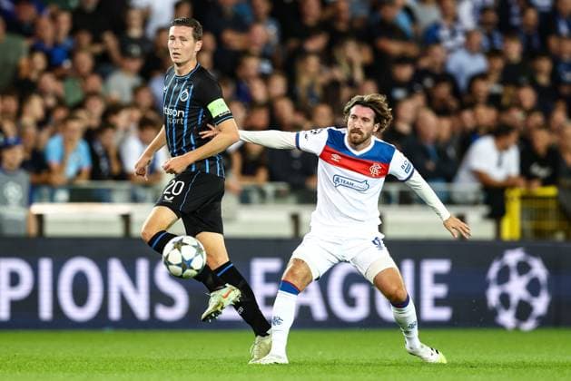 Club s Hans Vanaken and Rangers Joe Rothwell fight for the ball during a soccer game between Belgian Club Brugge KV and Scottish Glasgow Rangers F.C., Wednesday 27 August 2025 in Brugge, the return leg of the play-offs for the Champions League tournament. Club won the first leg 1-3. BRUNOxFAHY  x132599254x