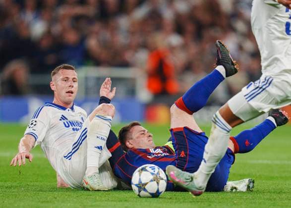 Champions League qualifier: FC Copenhagen - FC Basel 1893 Lukas Lerager, FC Copenhagen (L) and Xherdan Shaqiri, FC Basel 1893 vies for the ball during the Champions League qualifying match between FC Copenhagen and FC Basel 1893 at Parken in Copenhagen on Wednesday, August 27, 2025. , Copenhagen Denmark Copyright: Ritzau Scanpix LiselottexSabroex spdk20250827-215625-L
