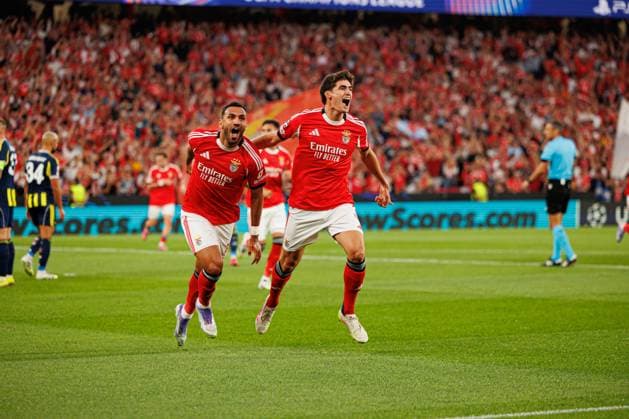 Vangelis Pavlidis and Antonio Silva seen celebrating after scoring goal during Champions League qualifying game between SL Benfica and Fenerbahce SK (Maciej Rogowski) Lisbon Estadio Da Luz Portugal Copyright: xMaciejxRogowskix slbfener2526-10