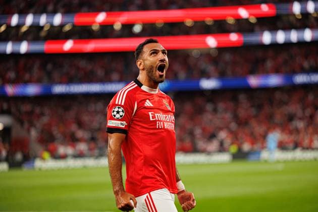 Vangelis Pavlidis seen celebrating after scoring goal during Champions League qualifying game between SL Benfica and Fenerbahce SK (Maciej Rogowski) Lisbon Estadio Da Luz Portugal Copyright: xMaciejxRogowskix slbfener2526-18