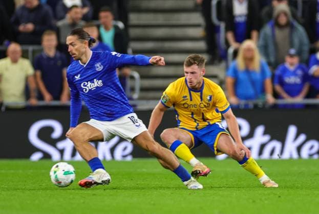 27th August 2025; Hill Dickinson Stadium, Liverpool, England; EFL Carabao Cup Football, Everton versus Mansfield Town; Jack Grealish of Everton FC turns away after beating Jamie McDonnell of Mansfield Town  RogerxEvans