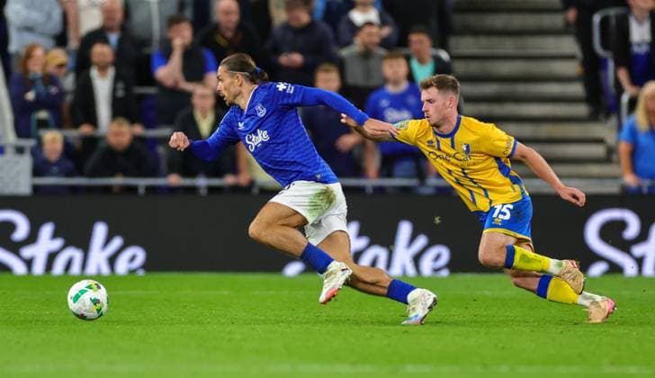 27th August 2025; Hill Dickinson Stadium, Liverpool, England; EFL Carabao Cup Football, Everton versus Mansfield Town; Jack Grealish of Everton FC turns away after beating Jamie McDonnell of Mansfield Town  RogerxEvans
