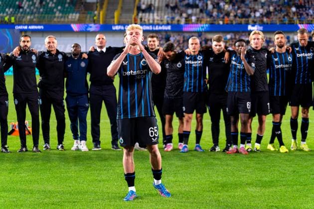 2025-08-27 Club Brugge v Rangers - UEFA Champions League Play-offs Round Second Leg BRUGGE, BELGIUM - AUGUST 27: Joaquin Seys of Club Brugge celebrating his sides win during the UEFA Champions League Play-offs Round Second Leg match between Club Brugge and Rangers at Jan Breydel Stadium on August 27, 2025 in Brugge, Belgium. Brugge Jan Breydel Stadium Belgium Content not available for redistribution in The Netherlands directly or indirectly through any third parties. Copyright: xJorisxVerwijstx