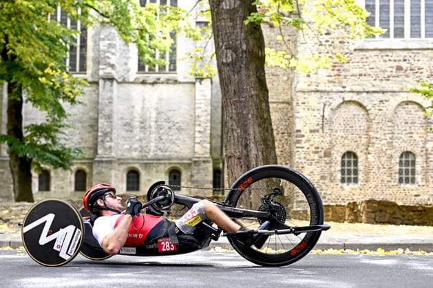 Switzerland Felix Frohofer (MH4) pictured in action during the UCI Para-cycling Road World Championships, Thursday 28 August 2025, in Ronse. The UCI Para-Cycling Road World Championships take place from 28 to 31 Augustus in Ronse. JASPERxJACOBS  x132644000x