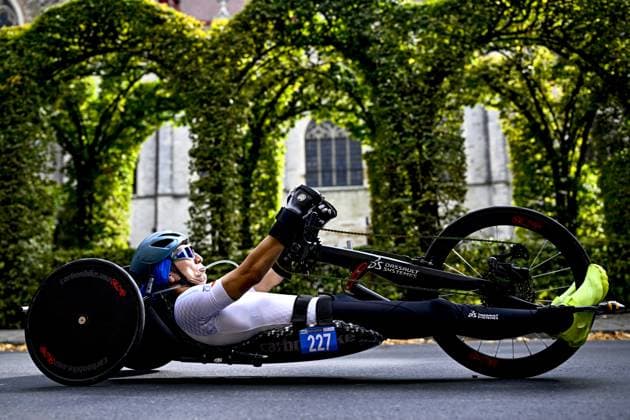 Japan Kazuhiko Kanno (MH2) pictured in action during the individual time trial at the UCI Para-cycling Road World Championships, Thursday 28 August 2025, in Ronse. The UCI Para-Cycling Road World Championships take place from 28 to 31 Augustus in Ronse. JASPERxJACOBS  x132655258x