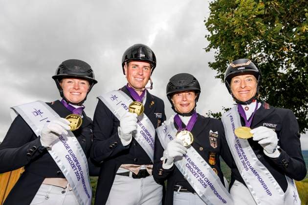 CROZET (FRA) - FEI Dressage European Championship, EM, Europameisterschaft 2025, CROZET (FRA) - FEI Dressage European Championship 2025 Team Deutschland, Team Germany HEMMER Katharina (GER), WERTH Isabell (GER), WANDRES Frederic (GER), KLIMKE Ingrid (GER) Grand Prix de Dressage - Team Competition Crozet, Jiva Hill Stables 28. August 2025 - *** CROZET FRA FEI Dressage European Championship 2025, CROZET FRA FEI Dressage European Championship 2025 Team Deutschland, Team Germany HEMMER Katharina (GER), WERTH Isabell (GER), WANDRES Frederic (GER), KLIMKE Ingrid (GER) Grand Prix de Dressage Team Competition Crozet, Jiva Hill Stables August 28, 2025