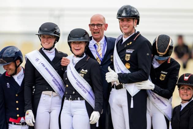 250828 Ingrid Klimke, Katharina Hemmer, Frederic Wandres, Isabell Werth of Germany on the podium after winning the FEI Dressage European Championship, EM, Europameisterschaft 2025 team Grand Prix gold medal on August 28, 2025 in Crozet. Photo: Ludvig Thunman BILDBYRAN kod LT LT0723 ridsport equestrian dressyr dressyr-em dressyr-em 2025 fei dressage european championship dressage european championship 2025 2 bbeng jubel celebration *** 250828 Ingrid Klimke, Katharina Hemmer, Frederic Wandres, Isabell Werth of Germany on the podium after winning the FEI Dressage European Championship 2025 team Grand Prix gold medal on August 28, 2025 in Crozet Photo Ludvig Thunman BILDBYRAN kod LT LT0723 ridsport equestrian dressyr dressyr em dressyr em 2025 fei dressage european championship dressage european championship 2025 2 bbeng jubel celebration  Copyright: LUDVIGxTHUNMAN BB250828LT108