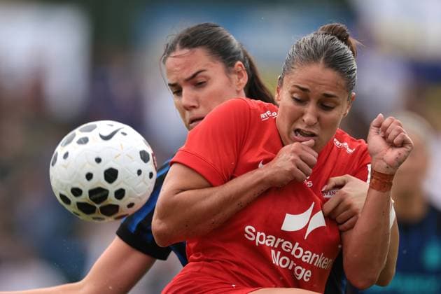 Milan, Italy, 27th August 2025. Marija Ana Milinkovic of FC Internazionale tussles with Brenna Lovera of SK Brann during the SK Brann vs FC Internazionale Women UEFA Womens Champions League match at Youth Development Centre, Milan. Picture credit should read: Jonathan Moscrop Sportimage EDITORIAL USE ONLY. No use with unauthorised audio, video, data, fixture lists, club league logos or live services. Online in-match use limited to 120 images, no video emulation. No use in betting, games or single club league player publications. SPI_048_JM_SKBRANN_INTER_UWCL SPI-4080-0047