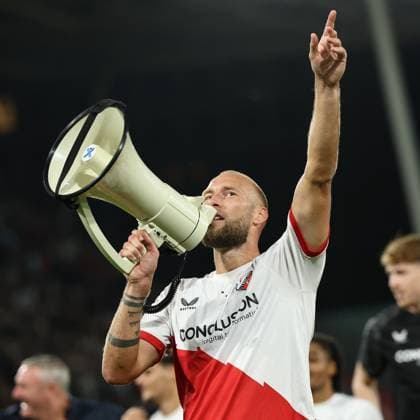 UTRECHT , 28-08-2025 , stadium Galgenwaard , season 2025 2026 , UEFA Europa League football , Play offs 2nd leg , match between FC Utrecht and Zrinjski , picture shows players of FC Utrecht celebrating qualifying for the group stage of the Europa League FC Utrecht player Mike van der Hoorn Utrecht - Zrinjski  x30716386x Copyright: