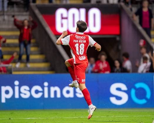 August 28, 2025, Braga, Braga, Portugal: PAU VICTOR from SC Braga seen celebrating his goal during the UEFA Europe League 2025 26 playoff match between SC Braga and Lincoln Red Imps at Estadio Municipal de Braga on August 28, 2025 in Braga, Portugal. Braga Portugal - ZUMAl192 20250828_zsp_l192_093 Copyright: xMiguelxLemosx