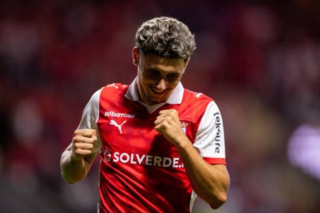 August 28, 2025, Braga, Braga, Portugal: SANDRO VIDIGAL from SC Braga seen celebrating his goal during the UEFA Europe League 2025 26 playoff match between SC Braga and Lincoln Red Imps at Estadio Municipal de Braga on August 28, 2025 in Braga, Portugal. Braga Portugal - ZUMAl192 20250828_zsp_l192_078 Copyright: xMiguelxLemosx