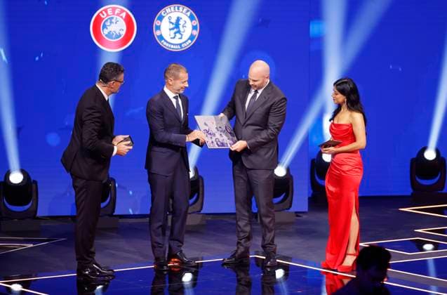 Monaco, Monte Carlo - August 28, 2025: UEFA MEN’S CLUB COMPETITION with Chelsea s President Jason Gannon receiving the award for winning every UEFA club competition trophy, next to him is Aleksander Ceferin, President of UEFA UEFA MEN’S CLUB COMPETITION – SEASON KICK OFF 2025 26