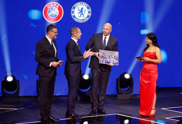 Monaco, Monte Carlo - August 28, 2025: UEFA MEN’S CLUB COMPETITION with Chelsea s President Jason Gannon receiving the award for winning every UEFA club competition trophy, next to him is Aleksander Ceferin, President of UEFA UEFA MEN’S CLUB COMPETITION – SEASON KICK OFF 2025 26