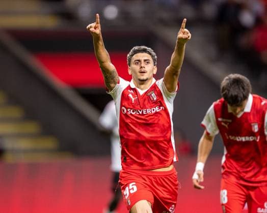 August 28, 2025, Braga, Braga, Portugal: SANDRO VIDIGAL from SC Braga seen celebrating his goal during the UEFA Europe League 2025 26 playoff match between SC Braga and Lincoln Red Imps at Estadio Municipal de Braga on August 28, 2025 in Braga, Portugal. Braga Portugal - ZUMAl192 20250828_zsp_l192_070 Copyright: xMiguelxLemosx