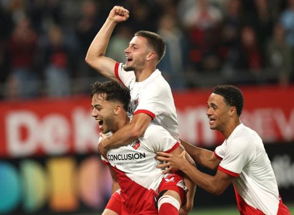 Souffian El Karouani of FC Utrecht with Dave van den Berg of FC Utrecht and Adrian Blake of FC Utrecht celebrate after reaching Europa League after the match FC Utrecht - Zrinjski at the Galgenwaard for the Europa League (play-off) season 2024-2025 in Utrecht, Netherlands on 28 august 2025, (photo by Peter Lous EYE4images DeFodi Images)
