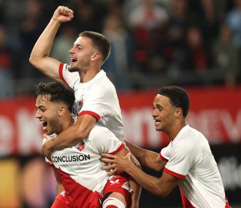 Souffian El Karouani of FC Utrecht with Dave van den Berg of FC Utrecht and Adrian Blake of FC Utrecht celebrate after reaching Europa League afterduring the match FC Utrecht - Zrinjski at the Galgenwaard for the Europa League (play-off) season 2024-2025 in Utrecht, Netherlands on 28 august 2025, (photo by Peter Lous EYE4images DeFodi Images)