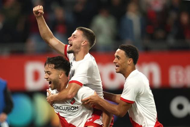 Souffian El Karouani of FC Utrecht with Dave van den Berg of FC Utrecht and Adrian Blake of FC Utrecht celebrate after reaching Europa League after the match FC Utrecht - Zrinjski at the Galgenwaard for the Europa League (play-off) season 2024-2025 in Utrecht, Netherlands on 28 august 2025, (photo by Peter Lous EYE4images DeFodi Images)
