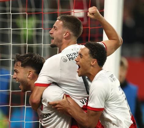 Souffian El Karouani of FC Utrecht with Dave van den Berg of FC Utrecht and Adrian Blake of FC Utrecht celebrate after reaching Europa League after the match FC Utrecht - Zrinjski at the Galgenwaard for the Europa League (play-off) season 2024-2025 in Utrecht, Netherlands on 28 august 2025, (photo by Peter Lous EYE4images DeFodi Images)