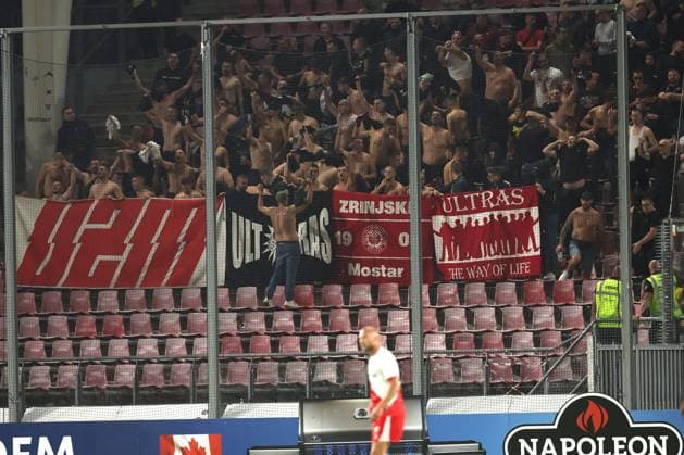 Fans and supporters Zrinjski during the match FC Utrecht - Zrinjski at the Galgenwaard for the Europa League (play-off) season 2024-2025 in Utrecht, Netherlands on 28 august 2025, (photo by Peter Lous EYE4images DeFodi Images)