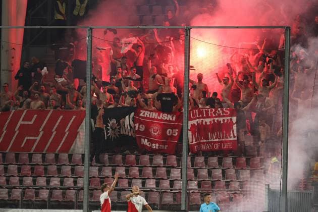 Fans and supporters Zrinjski during the match FC Utrecht - Zrinjski at the Galgenwaard for the Europa League (play-off) season 2024-2025 in Utrecht, Netherlands on 28 august 2025, (photo by Peter Lous EYE4images DeFodi Images)