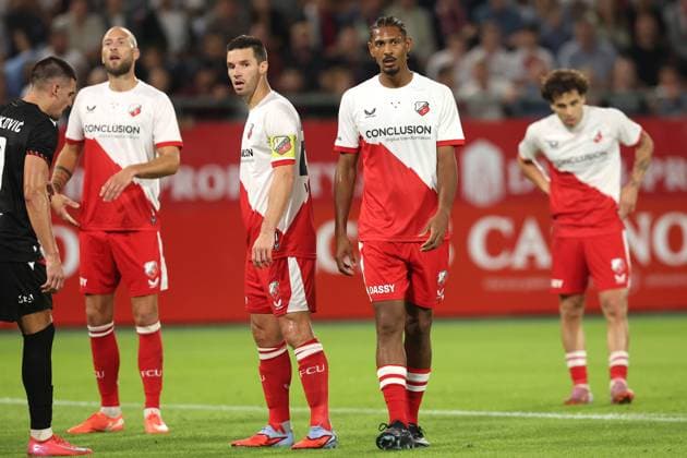 Mike van der Hoorn of FC Utrecht , Nick Viergever of FC Utrecht and Sebastien Haller of FC Utrecht during the match FC Utrecht - Zrinjski at the Galgenwaard for the Europa League (play-off) season 2024-2025 in Utrecht, Netherlands on 28 august 2025, (photo by Peter Lous EYE4images DeFodi Images)