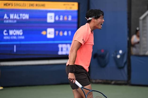 (250829) -- NEW YORK, Aug. 29, 2025 -- Coleman Wong of China s Hong Kong celebrates scoring during the men s singles second round match between Coleman Wong of China s Hong Kong and Adam Walton of Australia at the 2025 US Open tennis championships in New York, the United States, Aug. 28, 2025. ) (SP)U.S.-NEW YORK-TENNIS-US OPEN-MEN S SINGLES-WONG VS WALTON LixRui 