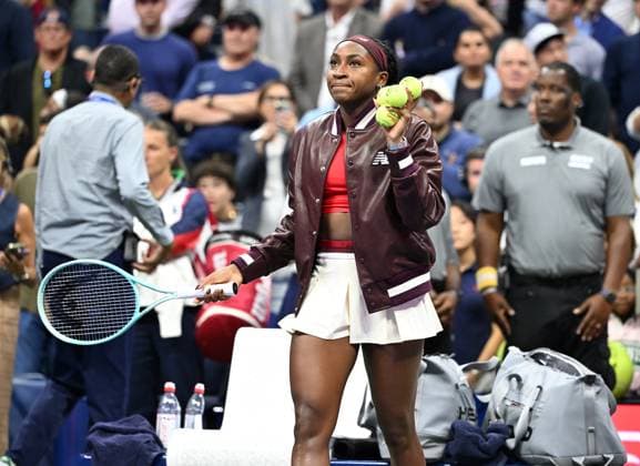 Coco Gauff of USA reacts after defeating Donna Vekic of CRO in straight sets 7-6 6-2 on Arthur Ashe Stadium on day 5 at the 2025 US Open Tennis Championship at the USTA Billie Jean King National Tennis Center in New York City on Thursday, August 28, 2025.  NYP20250828315 LARRYxMARANO