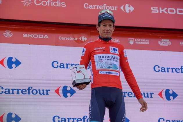 La Vuelta - 80th Tour of Spain 2025 - Stage 6 Torstein Traeen from Norway of Team Bahrain Victorious stands on the podium in stage 6 of La Vuelta 2025, which connects Olot in Girona and Pal in Andorra, on August 28, 2025. Andorra Arinsal Andorra  Copyright: xMartinxSilvaxCosentinox originalFilename:silvacosentino-torstein250828_npoNT.jpg