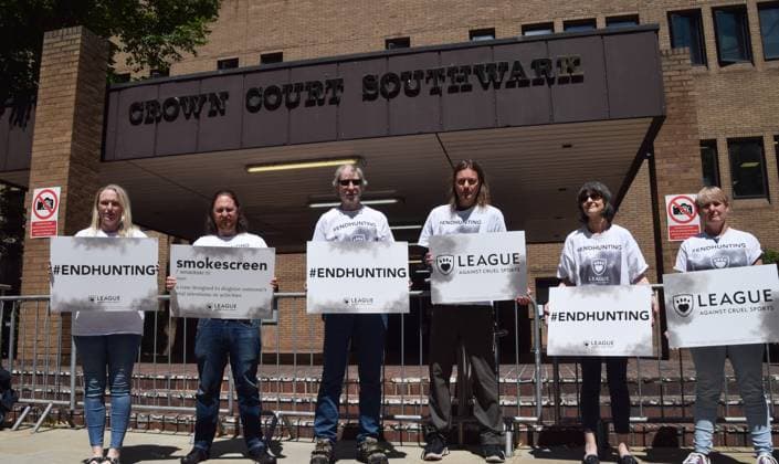 July 8, 2022, London, England, United Kingdom: Activists gathered outside Southwark Crown Court in protest against fox hunting and called for the Hunting Act to be strengthened on the third day of Mark Hankinson s appeal hearing. Hankinson, a disgraced former director of the Hunting Office and huntsman, was found guilty of encouraging or assisting others to use trail hunting as a cover for illegally chasing and killing foxes. Copyright: xVukxValcicx