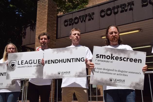 July 8, 2022, London, England, United Kingdom: Activists gathered outside Southwark Crown Court in protest against fox hunting and called for the Hunting Act to be strengthened on the third day of Mark Hankinson s appeal hearing. Hankinson, a disgraced former director of the Hunting Office and huntsman, was found guilty of encouraging or assisting others to use trail hunting as a cover for illegally chasing and killing foxes. Copyright: xVukxValcicx