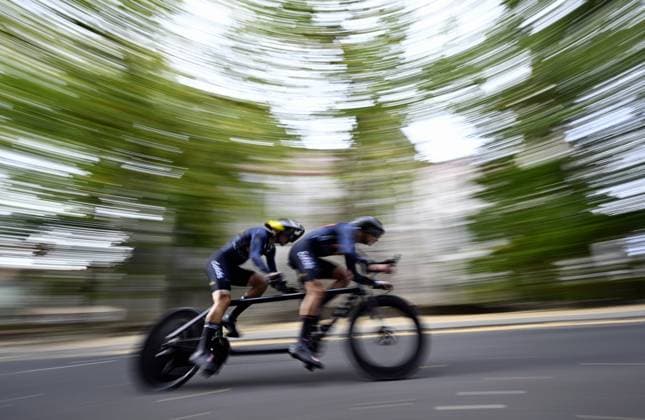Kazakhstan Nail Yermukhanbet and pilot Devid Kussakov (MB) pictured in action during the individual time trial at the UCI Para-cycling Road World Championships, Friday 29 August 2025, in Ronse. The UCI Para-Cycling Road World Championships take place from 28 to 31 Augustus in Ronse. JASPERxJACOBS  x132715613x