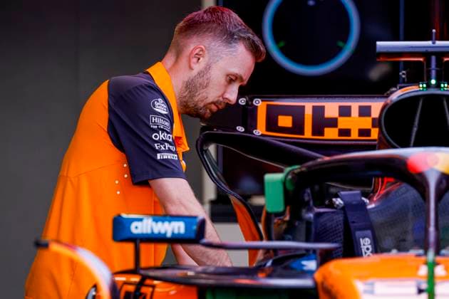 McLaren F1 team mechanics working on the car of Oscar Piastri in the pit box during the Formula 1 Heineken Dutch Grand Prix 2025 on Day 1 at Circuit Zandvoort on August 29, 2025 in Zandvoort, Netherlands. (Photo by Marcel ter Bals DeFodi Images)
