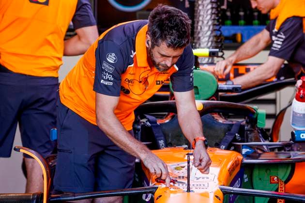 McLaren F1 team mechanics working on the car in the pit box during the Formula 1 Heineken Dutch Grand Prix 2025 on Day 1 at Circuit Zandvoort on August 29, 2025 in Zandvoort, Netherlands. (Photo by Marcel ter Bals DeFodi Images)