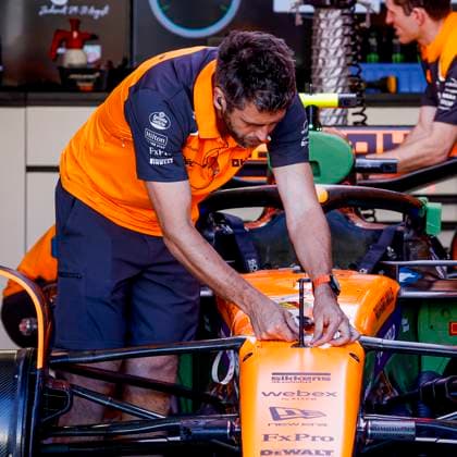 McLaren F1 team mechanics working on the car in the pit box during the Formula 1 Heineken Dutch Grand Prix 2025 on Day 1 at Circuit Zandvoort on August 29, 2025 in Zandvoort, Netherlands. (Photo by Marcel ter Bals DeFodi Images)