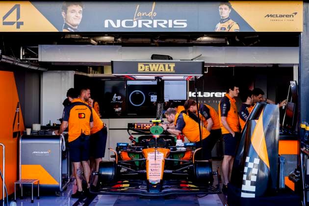 McLaren F1 team mechanics working on the car of Lando Norris in the pit box during the Formula 1 Heineken Dutch Grand Prix 2025 on Day 1 at Circuit Zandvoort on August 29, 2025 in Zandvoort, Netherlands. (Photo by Marcel ter Bals DeFodi Images)