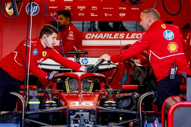 Scuderia Ferrari mechanics working on the car of Charles Leclerc in the pit box during the Formula 1 Heineken Dutch Grand Prix 2025 on Day 1 at Circuit Zandvoort on August 29, 2025 in Zandvoort, Netherlands. (Photo by Marcel ter Bals DeFodi Images)