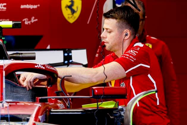 Scuderia Ferrari mechanics working on the car of Lewis Hamilton in the pit box during the Formula 1 Heineken Dutch Grand Prix 2025 on Day 1 at Circuit Zandvoort on August 29, 2025 in Zandvoort, Netherlands. (Photo by Marcel ter Bals DeFodi Images)