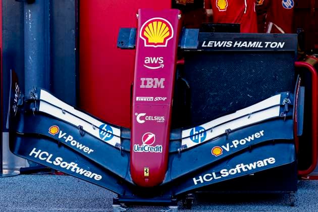 Close up of a front wing of Scuderia Ferrari during the Formula 1 Heineken Dutch Grand Prix 2025 on Day 1 at Circuit Zandvoort on August 29, 2025 in Zandvoort, Netherlands. (Photo by Marcel ter Bals DeFodi Images)