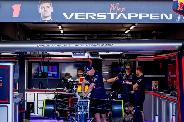 Red Bull Racing mechanics prepare Max Verstappen s car in the pit box during the Formula 1 Heineken Dutch Grand Prix 2025 on Day 1 at Circuit Zandvoort on August 29, 2025 in Zandvoort, Netherlands. (Photo by Marcel ter Bals DeFodi Images)