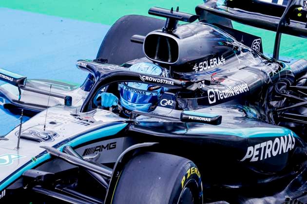 George Russell of the United Kingdom and Mercedes AMG Petronas F1 Team during the Free Practice of the Formula 1 Heineken Dutch Grand Prix 2025 on Day 1 at Circuit Zandvoort on August 29, 2025 in Zandvoort, Netherlands. (Photo by Marcel ter Bals DeFodi Images)