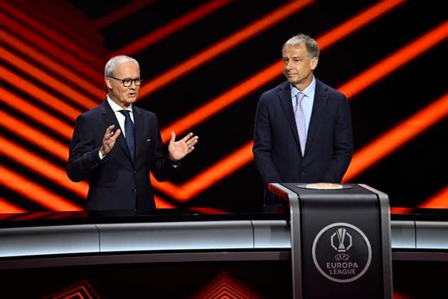 FOOTBALL : UEFA Europa League Conference League 2025 2026 draw - 29 08 2025 - Monaco Giorgio Marchetti and Jürgen Klinsmann - UEFA Europa League Conference League 2025 2026 draw on August 29, 2025 at the Grimaldi Forum in Monaco. MonacoMonaco  Copyright: xWilliamxCannarellax