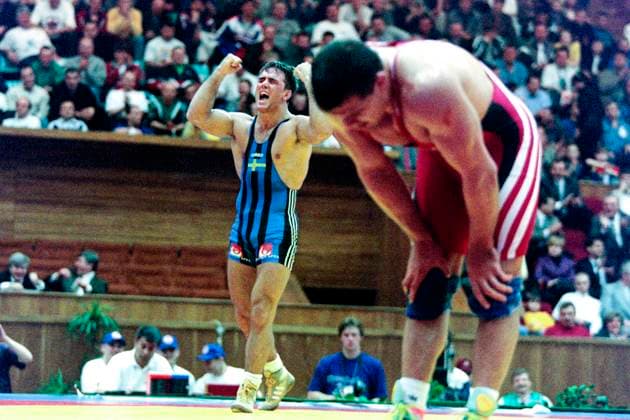 980426 Brottning, EM: Martin Lidberg, Sverige jublar efter seger i matchen om tredje pris. *** 980426 Wrestling, European Championships Martin Lidberg, Sweden celebrates after winning the third prize match  Copyright: BILDBYRAN BB980426BB072