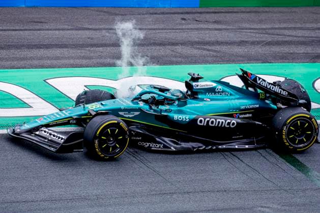 Lance Stroll of Canada and Aston Martin F1 Team crashed during the Free Practice of the Formula 1 Heineken Dutch Grand Prix 2025 on Day 1 at Circuit Zandvoort on August 29, 2025 in Zandvoort, Netherlands. (Photo by Marcel ter Bals DeFodi Images)