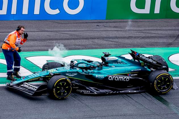 Lance Stroll of Canada and Aston Martin F1 Team crashed during the Free Practice of the Formula 1 Heineken Dutch Grand Prix 2025 on Day 1 at Circuit Zandvoort on August 29, 2025 in Zandvoort, Netherlands. (Photo by Marcel ter Bals DeFodi Images)