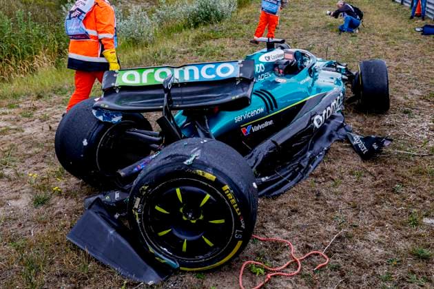 damaged car of Lance Stroll of Canada and Aston Martin F1 Team after the crash during the Free Practice of the Formula 1 Heineken Dutch Grand Prix 2025 on Day 1 at Circuit Zandvoort on August 29, 2025 in Zandvoort, Netherlands. (Photo by Marcel ter Bals DeFodi Images)