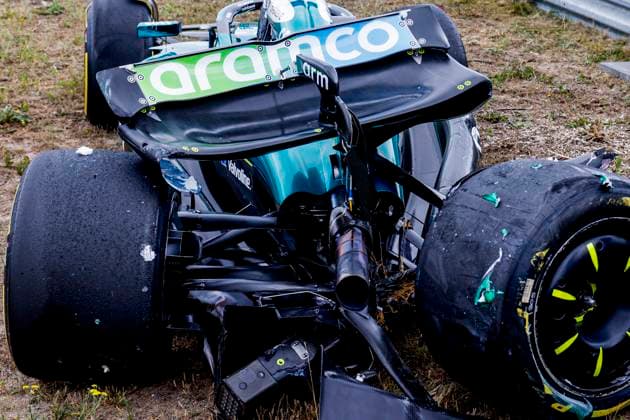 damaged car of Lance Stroll of Canada and Aston Martin F1 Team after the crash during the Free Practice of the Formula 1 Heineken Dutch Grand Prix 2025 on Day 1 at Circuit Zandvoort on August 29, 2025 in Zandvoort, Netherlands. (Photo by Marcel ter Bals DeFodi Images)